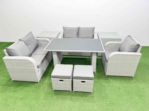 Fimous Rattan Sofa Outdoor Furniture with Dining Table,2 Side Tables,Love Sofa,2 Small Stools Patio Furniture Light Grey 7 Seater