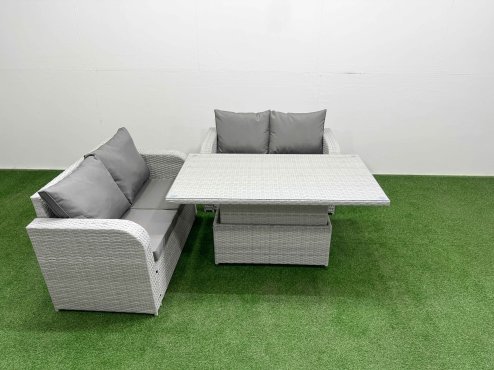 Fimous 4 Seater Outdoor Love Sofa Set Rattan Garden Furniture Set with Adjustable Lifting Dining or Coffee Table Light Grey