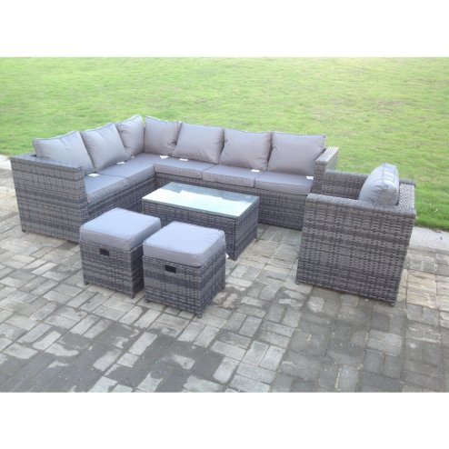 Fimous Dark Grey Mixed Rattan Garden Furniture Corner Sofa Set Oblong Coffee Table Chair Footstools