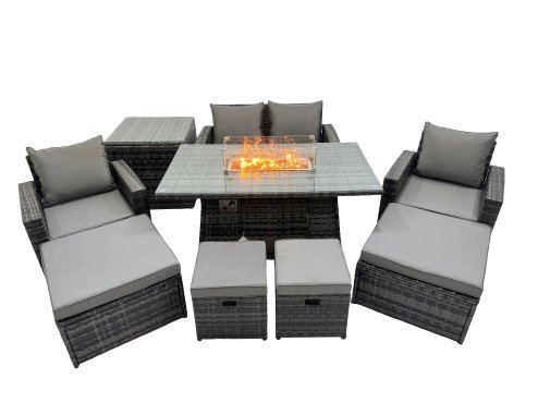 Fimous Outdoor Love Sofa Set 8 Seat Rattan Garden Furniture Set with Gas Firpit Dining Table 4 Footstools Side Table Dark Grey Mixed