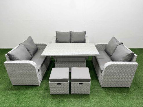 Fimous 8 Seater PE Wicker Rattan Furniture Sofa Sets with Adjustable Lifting Dining or Coffee Table 2 Seater Love Sofa 2 Stool Light Grey