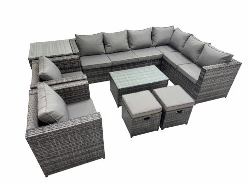 Fimous Patio Sofa Oblong Coffee Table Set Rattan Garden Furniture Set with 2 Chairs 2 Small Stools Side Table Dark Grey Mixed