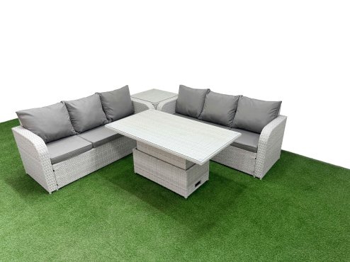 Fimous Outdoor Garden Furniture Sets 6 Seater Wicker Rattan Furniture Sofa Sets with Adjustable Lifting Dining or Coffee Table high Back Lounge Sofa Side Table Light Grey