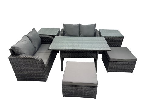 Fimous Wicker PE Rattan Garden Outdoor Furniture Set Love Sofa Dining Table Sets with 2 Side Table 2 Big Stools Dark Grey Mixed