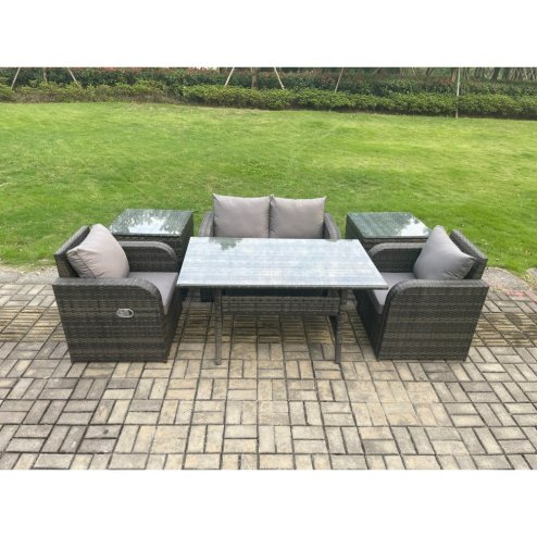 Fimous Outdoor Rattan Garden Furniture Lounge Sofa Set With Oblong Rectangular Dining Table 2 PC Reclining Chair 2 PC Side Tables