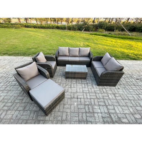 Fimous 8 Seater Rattan Wicker Garden Furniture Patio Conservatory Sofa Set with Rectangular Coffee Table 3 Seater Sofa Love Sofa Big Footstool
