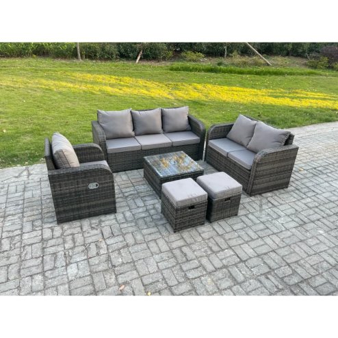 Fimous Rattan Garden Furniture 6 Piece Patio Set With Table Sofa Square Coffee Table Reclining Chair Love seat sofa 2 Small Footstools