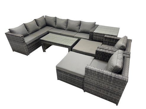 Fimous 8 Pieces Outdoor PE Rattan Garden Furniture Corner Sofa Oblong Coffee Table Set with Cushions Chair 2 Big Footstools Side Table Dark Grey Mixed
