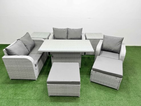 Fimous High Back Poly Rattan Garden Furniture Set with Reclining Chair Loveseat Sofa Adjustable Lifting Dining or Coffee Table Indoor Outdoor Patio Set 2 Big Stool 2 Side Table Light Grey