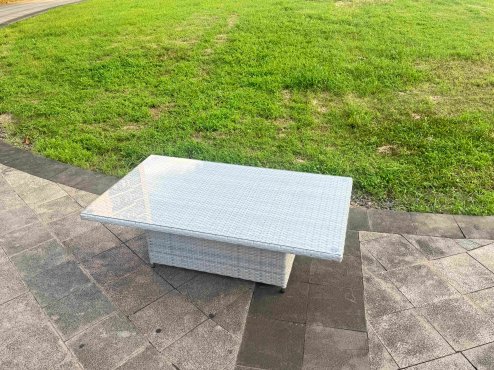 Fimous Light Grey Rattan Outdoor Garden furniture Set Height Adjustable Rising Lifting Table and 6 Chairs Set with Seat Cushion