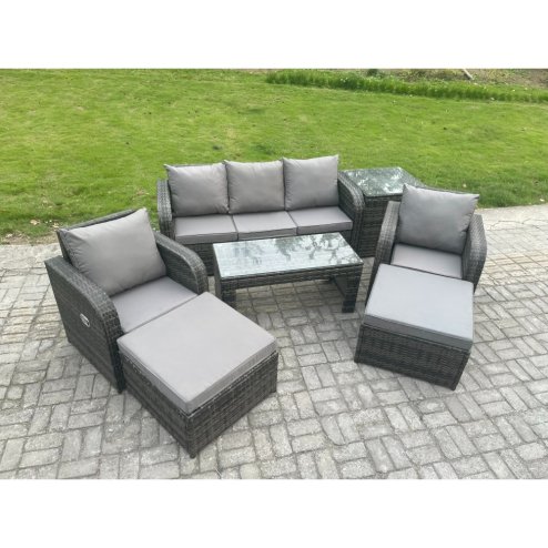Fimous Rattan Garden Furniture Set with Rectangular Coffee Table Side Table 2 Big Footstool 7 Seater Patio Outdoor Lounge Sofa Set