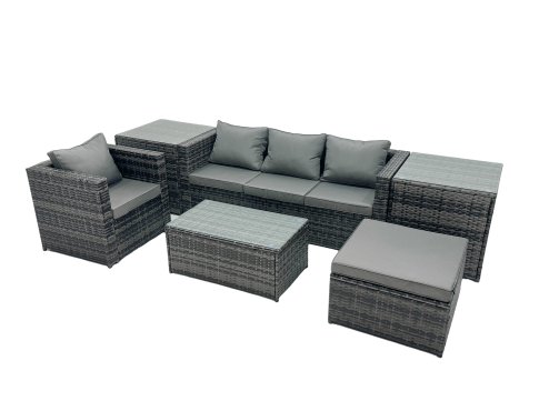 Fimous Outdoor Coffee Table Sofa Armchair Set with Side Table Big Stool Garden Furniture Set Dark Grey Mixed
