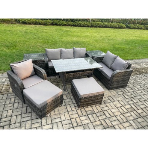 Fimous 8 Piece Rattan Garden Furniture Set with Patio Sofa Rectangular Dining Table 2 Side Tables 2 Big Footstool Indoor Conservatory Patio Set