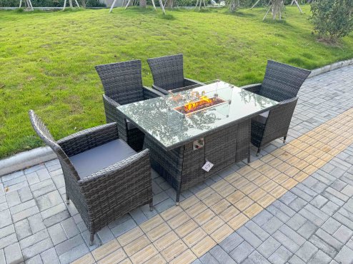 Fimous Rattan Garden Furniture Dining Set 4-seater Patio Rectangular Gas Firepit Table Chairs Outdoor Dark Grey Mixed