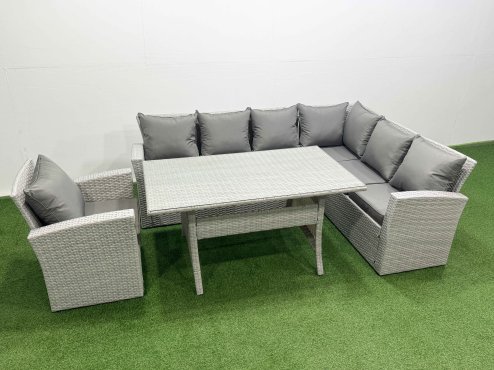 Fimous Rattan Garden Furniture Set Outdoor 7 Seater Patio Dining Corner Sofa Sets with Dining Table Chair Light Grey Mixed