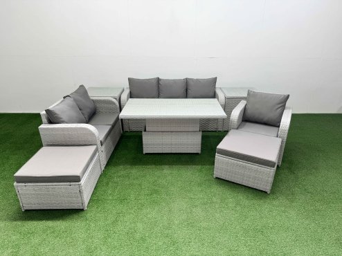 Fimous Patio PE Wicker 8 Seater Outdoor Rattan Furniture Sofa Sets with Adjustable Lifting Dining or Coffee Table Reclining Chair Loveseat Sofa 3 Seater Sofa 2 Big Footstools 2 Side Table Light Grey