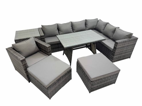 Fimous Rattan garden furniture Patio Furniture Sets with Dining Table Chair 2 Big Stools Side Table Dark Grey Mixed