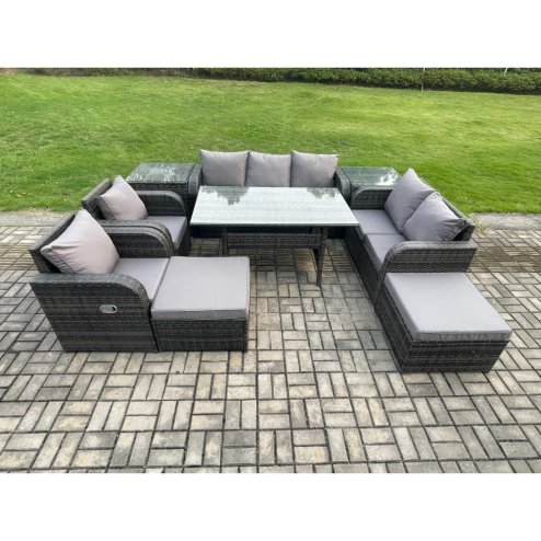 Fimous 9 Seater Garden Rattan Furniture Dining Table Sofa Set Indoor Outdoor with 2 Reclining Chairs 2 Side Tables 2 Big Footstool Dark Grey Mixed