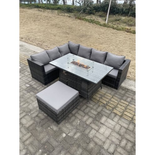 Fimous Rattan Corner Sofa Set Gas Firepit Dining Table Set Patio Heater Burner With Big Footstool Dark Grey