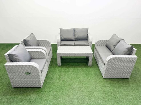 Fimous 6 Seater Outdoor Reclining Chair Love Sofa Set Rattan Garden Furniture Set with Oblong Coffee Table Light Grey