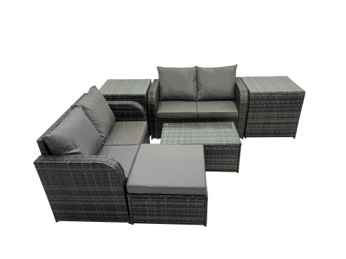 Fimous Outdoor Love Sofa Coffee Table Set Garden Rattan Furniture Set 5 Seater with 2 Side Tables Big Stool Dark Grey