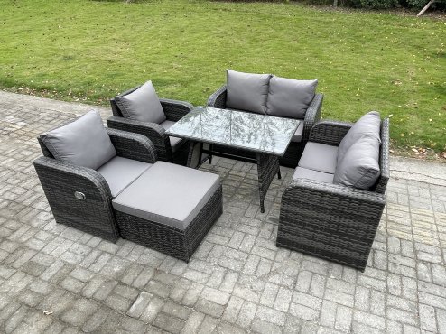 Fimous Wicker PE Rattan Garden Dining Set Outdoor Furniture Sofa with Rectangular Dining Table Big Footstool Dark Grey Mixed
