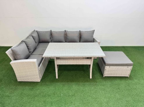 Fimous 7 Seater Rattan Garden Furniture Set Outdoor Patio Dining Corner Sofa Sets with Dining Table Big Footstool Light Grey Mixed