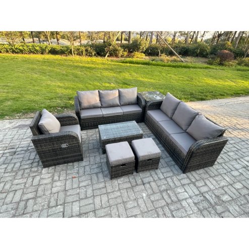 Fimous 9 Seater Rattan Outdoor Garden Furniture Sofa Set Patio Table & Chairs Set with 3 Seater Sofa Reclining Chair 3 Seater Sofa Side Table 2 Small Footstools Dark Grey Mixed