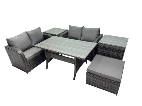 Fimous Wicker PE Rattan Garden Outdoor Furniture Set Love Sofa Dining Table Sets with 2 Side Table Big Stool Dark Grey Mixed