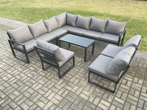 Fimous Aluminium 10 Seater Patio Outdoor Garden Furniture Lounge Corner Sofa Set with Oblong Coffee Table Dark Grey