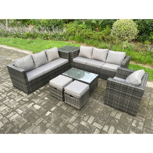 Fimous Wicker PE Rattan Sofa Set Outdoor Patio Garden Furniture with Armchair Oblong Coffee Table Side Table 2 Small Footstools Dark Grey Mixed