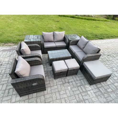 Fimous 9 Seater Rattan Garden Furniture Set Patio Outdoor Lounge Sofa Set with Rectangular Coffee Table 3 Footstools Love Sofa 2 Side Tables Dark Grey Mixed