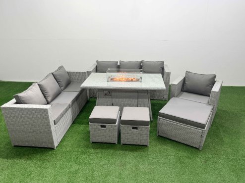 Fimous 10 Seat PE Rattan Lounge Sofa Set Outdoor Garden Furniture Set with Firepit Dining Table 3 Seater Sofa 3 Stools Light Grey