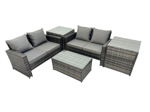 Fimous PE Rattan Garden Furniture Set Lounge Double Seat Sofa Coffee Table Set with 2 Side Tables Dark Grey MixedMixed