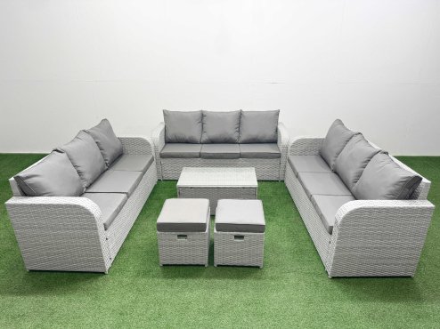Fimous PE Rattan Lounge Sofa Set 11 Seater Outdoor Garden Furniture Set with Rectangular Coffee Table 3 Seater Sofa 2 Stools Light Grey