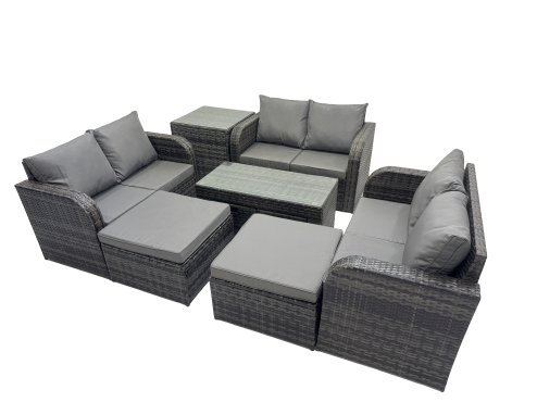 Fimous 3 Seater Sofa Reclining Chair Coffee Table Set Rattan Garden Outdoor Furniture Set with Side Table 2 Big Footstools Dark Grey Mixed