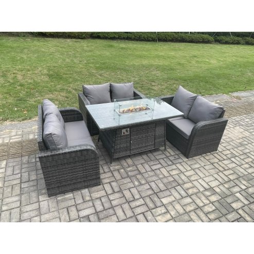 Fimous Rattan Outdoor Garden Furniture Sofa Set Gas Fire Pit Dining Table Gas Heater with Love Sofa Dark Grey Mixed