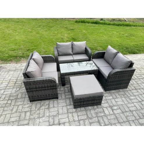 Fimous Rattan Garden Furniture Set 7 Seater Indoor Outdoor Patio Sofa Set with Coffee Table Loveseat Sofa Big Footstool Dark Grey Mixed