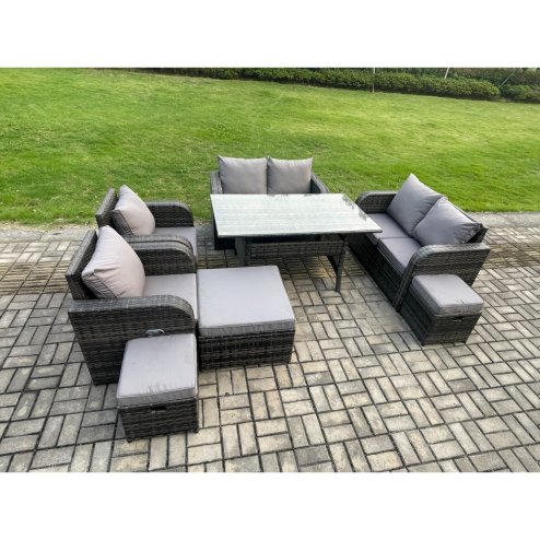 Fimous Outdoor Rattan Garden Furniture 8 piece Grey Patio Furniture Set 9 Seater Lounge Sofa Set with Rectangular Table Reclining Chairs 3 Stools