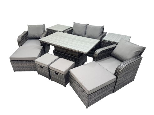 Fimous 8-seater Patio Height Adjustable Rising Lifting Table Sofa Sets Rattan Garden Furniture Dining Set with 2 Small Footstool Dark Grey Mixed