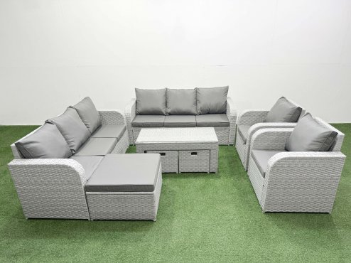 Fimous PE Rattan High Back Lounge Sofa Set Patio Oblong Coffee Table & Chairs Set with 3 Seater Sofa Reclining Chair 3 Stools Light Grey