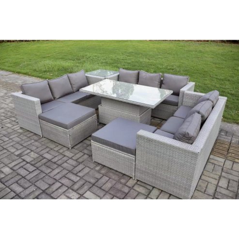 Fimous 11 Seater Outdoor PE Rattan Garden Funiture Set Height Adjustable Rising Lifting Table Sofa Dining Set with Side Table 2 Big Footstools