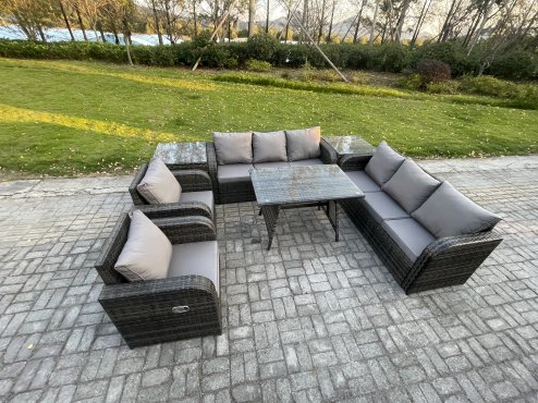 Fimous 8 Seater Rattan Outdoor Garden Furniture Sofa Set Patio Table & Chairs Set with 3 Seater Sofa Rectangular Dining Table 2 Side Tables Dark Grey Mixed