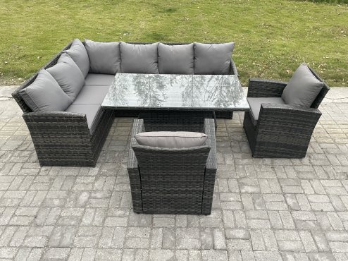 Fimous Wicker PE Outdoor Rattan Garden Furniture Set Height Adjustable Rising Lifting Table Sofa Dining Set with 2 Armchairs Dark Grey Mixed