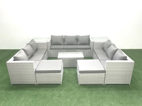 Fimous Rattan Garden Outdoor Furniture Set 11 Seater Garden Sofa Coffee Table Set with 2 Big Footstools 2 Side Tables Light Grey Mixed
