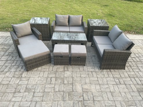 Fimous 8 Seater Outdoor Rattan Patio Furniture Set Garden Lounge Sofa Set with 2 Side Tables 3 Footstools Coffee Table Dark Grey Mixed
