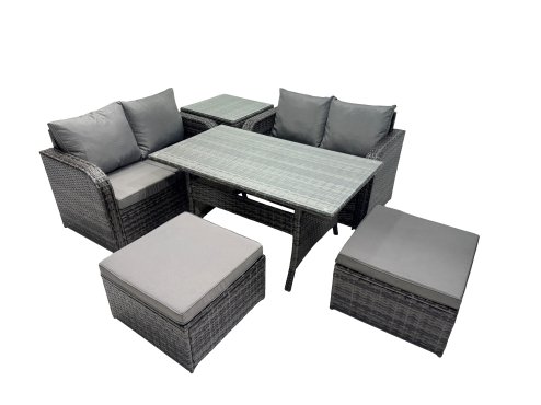 Fimous Wicker PE Rattan Garden Outdoor Furniture Set Love Sofa Dining Table Sets with Side Table 2 Big Stools Dark Grey Mixed