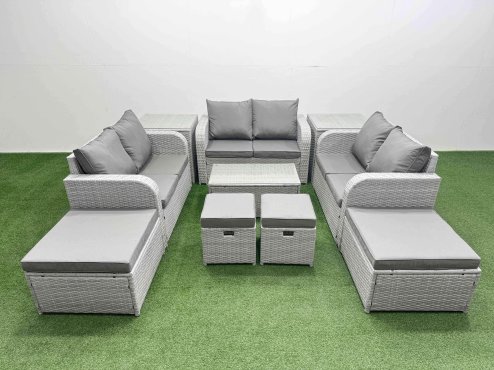 Fimous 10 PCs Rectangular Coffee Table Set Reclining Chair Inclining Sofa Love Sofa 2 Big Footstool 2 Small Stool 2 Side Table Light Grey