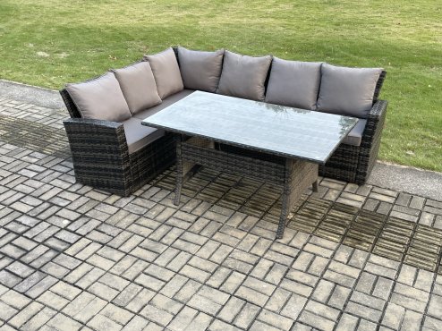 Fimous 6 Seater Garden Rattan Furniture Corner Dining Set Rectangular Dining Table Indoor Outdoor Lounge Sofa Set Dark Grey Mixed