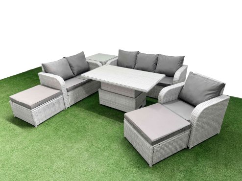 Fimous Patio PE Wicker 8 Seater Outdoor Rattan Furniture Sofa Sets with Adjustable Lifting Dining or Coffee Table Reclining Chair Loveseat Sofa 3 Seater Sofa 2 Big Footstools Side Table Light Grey